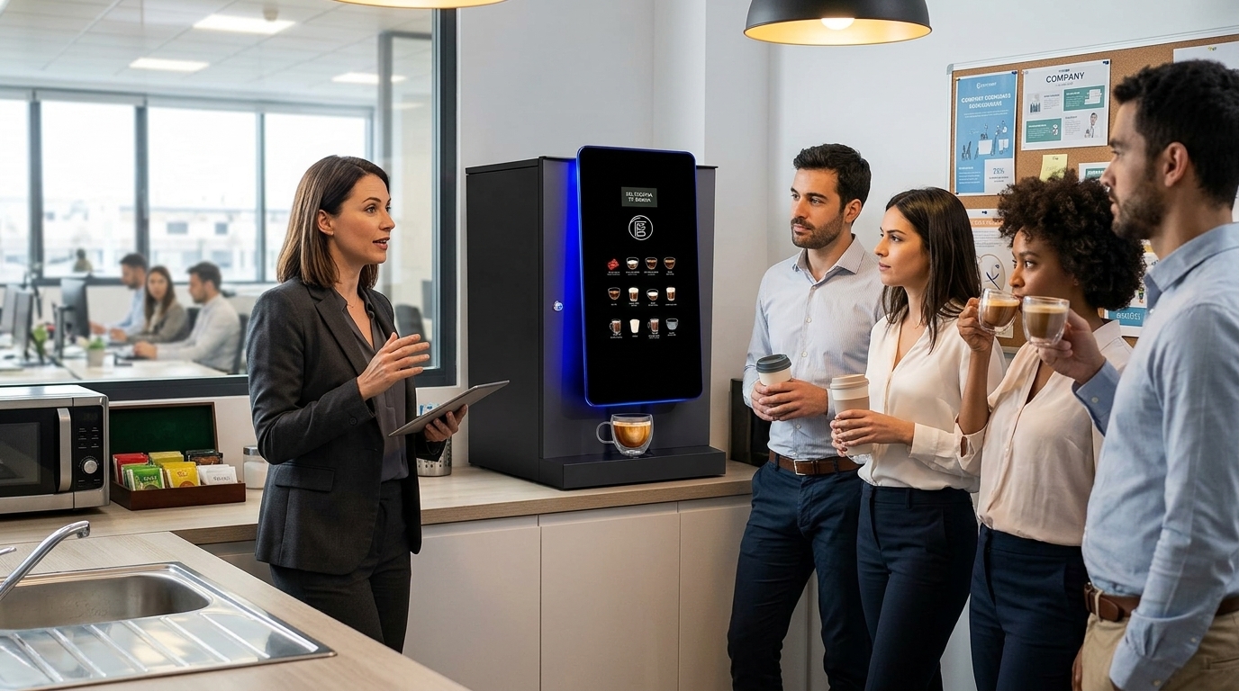 HR speaking to employees about coffee machine policies